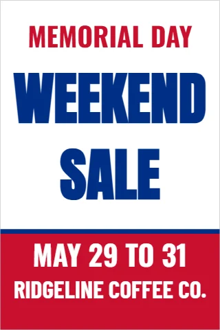 A-frame sign template, memorial Day weekend sale, reading "WEEKEND", "SALE" and "MAY 29 TO 31", in red and white