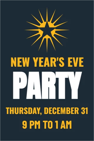 A-frame sign template, new Year's Eve party, reading "NEW YEAR'S EVE", "PARTY" and "9 PM TO 1 AM", in navy