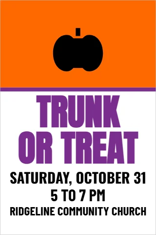 A-frame sign template, trunk or treat, reading "TRUNK", "OR TREAT" and "5 TO 7 PM", in orange and white
