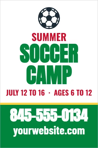 A-frame sign template, summer sports camp, reading "SOCCER", "CAMP" and "845-555-0134", in green and white