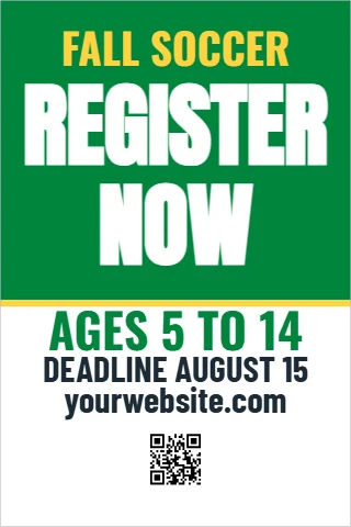 A-frame sign template, register now, league, reading "REGISTER", "NOW" and "AGES 5 TO 14", in green and white, with a QR code