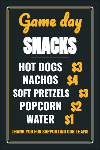 A-frame sign template, snack shack menu, reading "Game day", "SNACKS" and "NACHOS", in charcoal