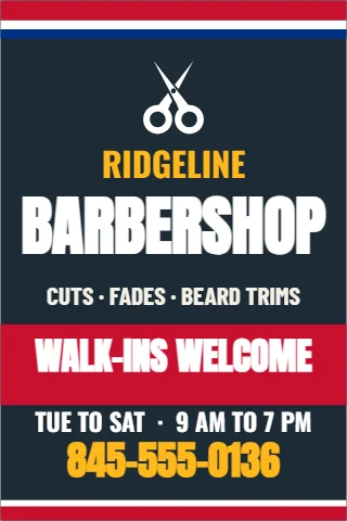 A-frame sign template, barbershop, reading "RIDGELINE", "BARBERSHOP" and "845-555-0136", in red and navy
