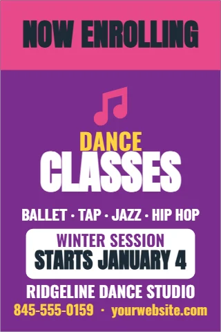 A-frame sign template, dance studio, now enrolling, reading "NOW ENROLLING", "DANCE" and "CLASSES", in pink and purple