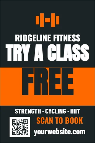 A-frame sign template, gym, try a class free, reading "RIDGELINE FITNESS", "TRY A CLASS" and "FREE", in orange and charcoal, with a QR code