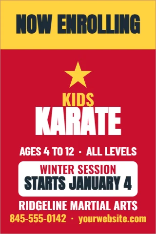 A-frame sign template, kids martial arts, now enrolling, reading "NOW ENROLLING", "KIDS" and "KARATE", in yellow and red