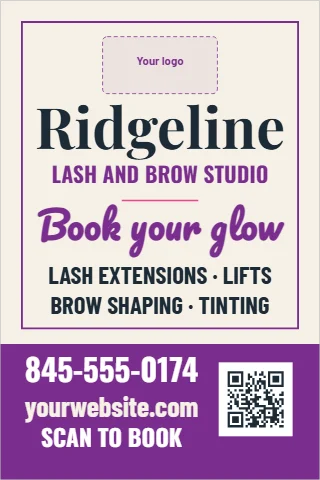 A-frame sign template, lash and brow studio, reading "Ridgeline", "Book your glow" and "845-555-0174", in purple and cream, with a space for your logo and a QR code