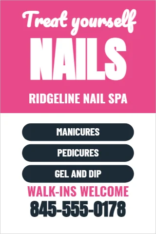 A-frame sign template, nail salon, reading "Treat yourself", "NAILS" and "845-555-0178", in pink and white