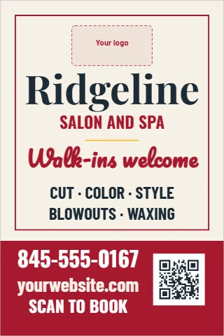 A-frame sign template, salon, walk-ins welcome, reading "Ridgeline", "Walk-ins welcome" and "845-555-0167", in maroon and cream, with a space for your logo and a QR code