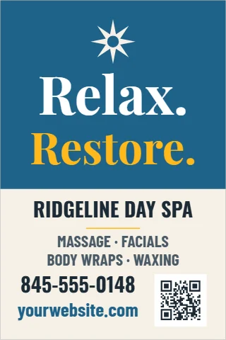 A-frame sign template, day spa, relax and restore, reading "Relax.", "Restore." and "RIDGELINE DAY SPA", in steel blue and cream, with a QR code