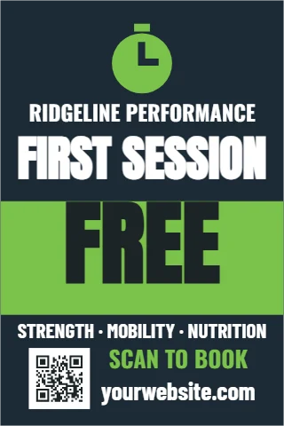 A-frame sign template, personal training, first session, reading "FIRST SESSION", "FREE" and "SCAN TO BOOK", in lime and navy, with a QR code