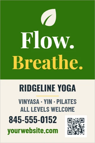 A-frame sign template, yoga studio, all levels, reading "Flow.", "Breathe." and "RIDGELINE YOGA", in green and cream, with a QR code