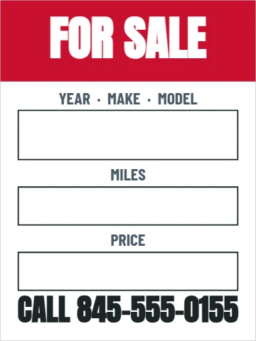 Aluminum sign template, car for sale, write-on, reading "FOR SALE", "YEAR · MAKE · MODEL" and "CALL 845-555-0155", in red and white