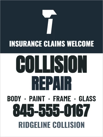 Aluminum sign template, collision repair, reading "COLLISION", "REPAIR" and "845-555-0167", in navy and white