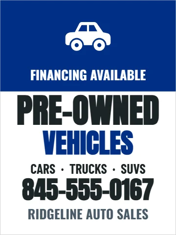 Aluminum sign template, pre-owned vehicles, reading "PRE-OWNED", "VEHICLES" and "845-555-0167", in blue and white
