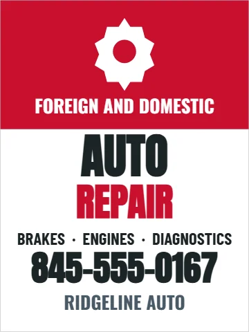 Aluminum sign template, auto repair, reading "AUTO", "REPAIR" and "845-555-0167", in red and white