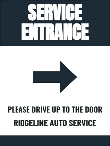 Aluminum sign template, service entrance, arrow, reading "SERVICE", "ENTRANCE" and "RIDGELINE AUTO SERVICE", in navy and white