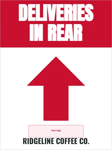 Aluminum sign template, deliveries in rear, reading "DELIVERIES", "IN REAR" and "RIDGELINE COFFEE CO.", in red and white, with a space for your logo