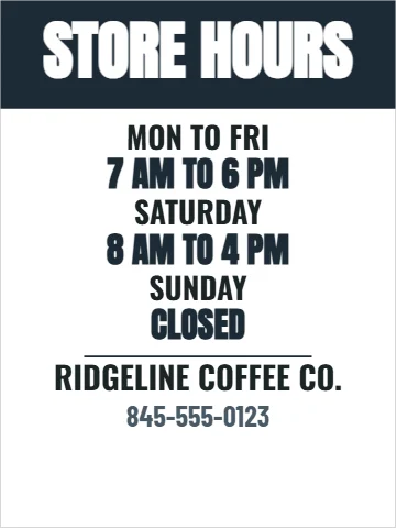 Aluminum sign template, store hours, reading "STORE HOURS", "7 AM TO 6 PM" and "8 AM TO 4 PM", in navy and white