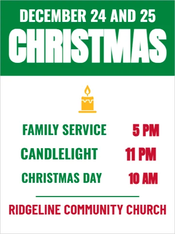 Aluminum sign template, christmas service times, reading "DECEMBER 24 AND 25", "CHRISTMAS" and "11 PM", in green and white