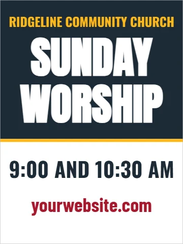 Aluminum sign template, service times, reading "SUNDAY", "WORSHIP" and "yourwebsite.com", in navy and white