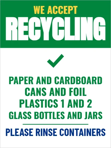 Aluminum sign template, recycling accepted, reading "RECYCLING", "CANS AND FOIL" and "PLASTICS 1 AND 2", in green and white