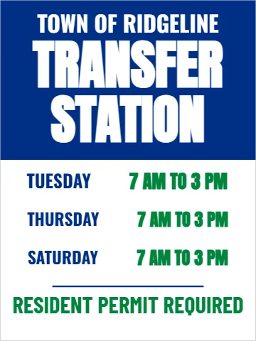 Aluminum sign template, transfer station hours, reading "TOWN OF RIDGELINE", "TRANSFER" and "STATION", in blue and white