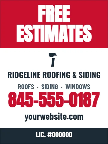 Aluminum sign template, free estimates, reading "FREE", "ESTIMATES" and "845-555-0187", in red and white