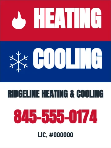 Aluminum sign template, heating and cooling, reading "HEATING", "COOLING" and "845-555-0174", in red and white