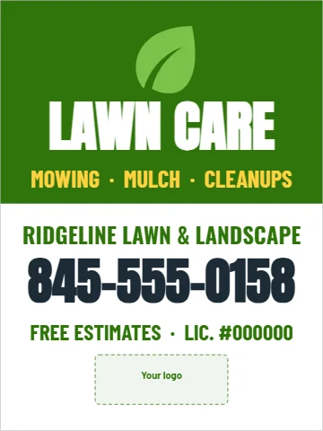 Aluminum sign template, lawn care, reading "LAWN CARE", "MOWING · MULCH · CLEANUPS" and "845-555-0158", in green and white, with a space for your logo
