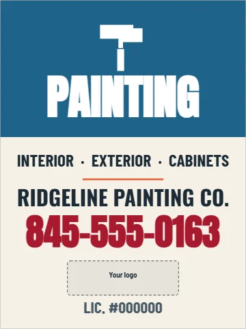 Aluminum sign template, painting, reading "PAINTING", "RIDGELINE PAINTING CO." and "845-555-0163", in steel blue and cream, with a space for your logo