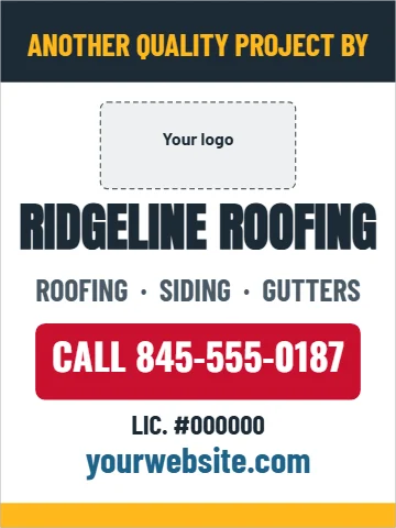 Aluminum sign template, another project by, reading "RIDGELINE ROOFING", "CALL 845-555-0187" and "yourwebsite.com", in navy and white, with a space for your logo