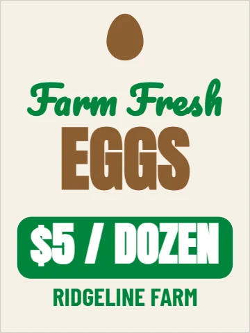 Aluminum sign template, fresh eggs, price panel, reading "Farm Fresh", "EGGS" and "$5 / DOZEN", in green and cream