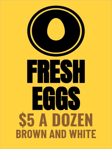 Aluminum sign template, eggs, round badge, reading "FRESH", "EGGS" and "$5 A DOZEN", in black and yellow