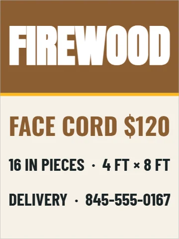 Aluminum sign template, firewood, face cord, reading "FIREWOOD", "FACE CORD $120" and "DELIVERY · 845-555-0167", in brown and cream
