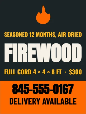 Aluminum sign template, seasoned firewood, full cord, reading "FIREWOOD", "845-555-0167" and "DELIVERY AVAILABLE", in orange and charcoal