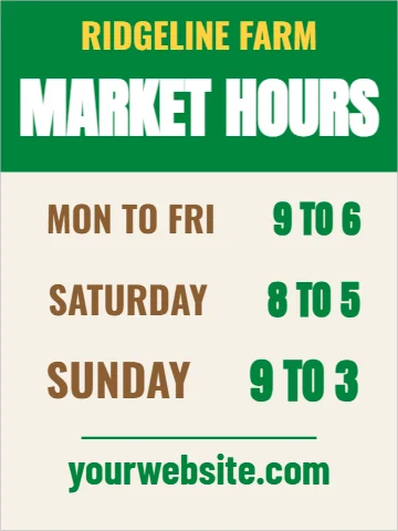 Aluminum sign template, farm market hours, reading "MARKET HOURS", "SUNDAY" and "yourwebsite.com", in green and cream