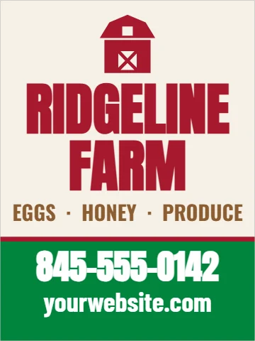 Aluminum sign template, farm name and phone, reading "RIDGELINE", "FARM" and "845-555-0142", in green and cream
