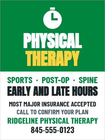 Aluminum sign template, physical therapy, reading "PHYSICAL", "THERAPY" and "EARLY AND LATE HOURS", in green and white