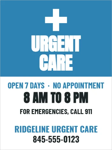 Aluminum sign template, urgent care hours, reading "URGENT", "CARE" and "8 AM TO 8 PM", in blue and white