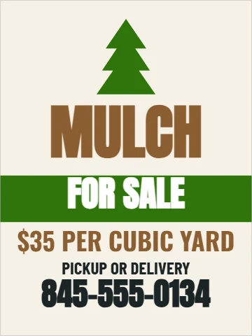 Aluminum sign template, mulch for sale, reading "MULCH", "FOR SALE" and "845-555-0134", in green and cream