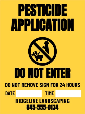 Aluminum sign template, pesticide application marker, reading "PESTICIDE", "APPLICATION" and "DO NOT ENTER", in yellow