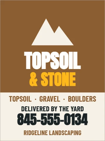 Aluminum sign template, topsoil and stone, reading "TOPSOIL", "& STONE" and "845-555-0134", in cream and brown