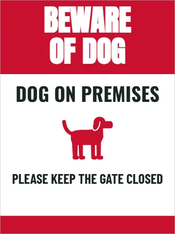 Aluminum sign template, beware of dog, red bar, reading "BEWARE", "OF DOG" and "DOG ON PREMISES", in red and white