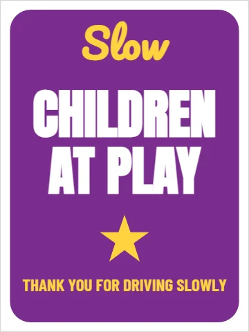 Aluminum sign template, slow, children at play, reading "Slow", "CHILDREN" and "AT PLAY", in purple and white