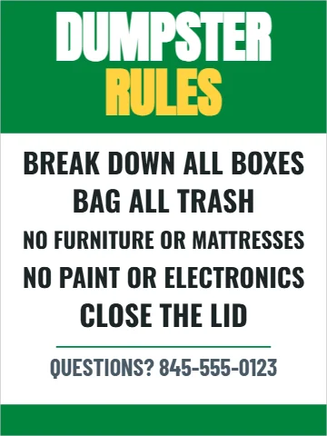 Aluminum sign template, dumpster rules, reading "DUMPSTER", "RULES" and "BAG ALL TRASH", in green and white