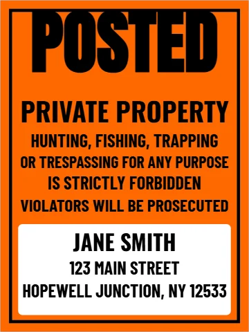 Aluminum sign template, POSTED, orange, printed owner, reading "POSTED", "PRIVATE PROPERTY" and "JANE SMITH", in white and orange