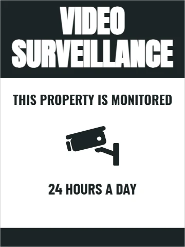 Aluminum sign template, video surveillance, reading "VIDEO", "SURVEILLANCE" and "24 HOURS A DAY", in charcoal and white