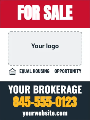 Aluminum sign template, brokerage panel, reading "FOR SALE", "YOUR BROKERAGE" and "845-555-0123", in navy and white, with a space for your logo