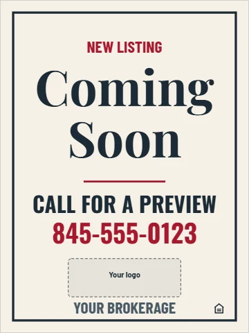 Aluminum sign template, coming soon, reading "Coming", "Soon" and "845-555-0123", in cream, with a space for your logo